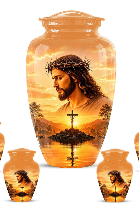 Personalized Jesus Cremation Urn for Ashes, Jesus Christ Sunset Memorial Urn, Christian Cross Tribute Urn, Religious Keepsake Urn Set (200 Cubic)