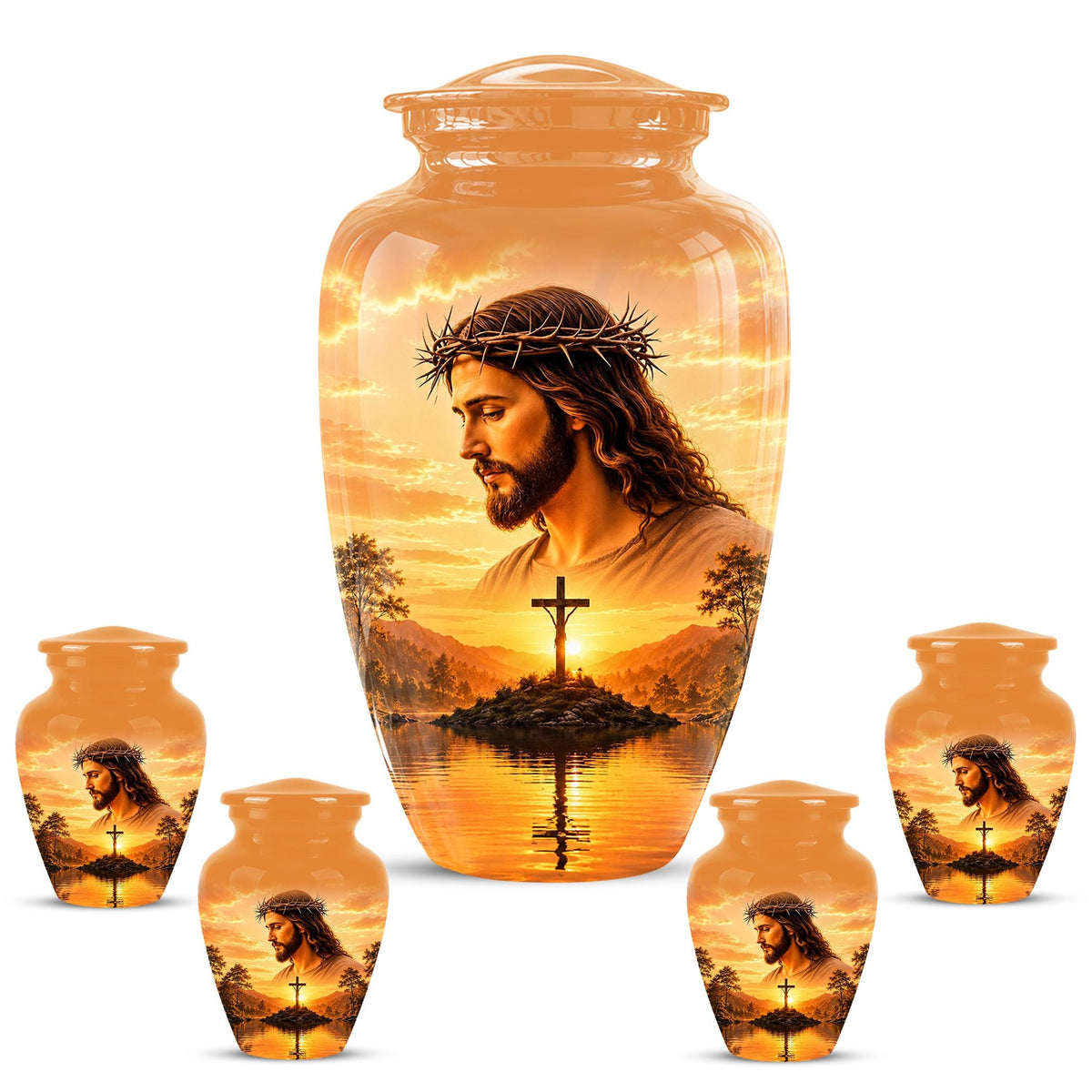 Personalized Jesus Cremation Urn for Ashes, Jesus Christ Sunset Memorial Urn, Christian Cross Tribute Urn, Religious Keepsake Urn Set (200 Cubic)