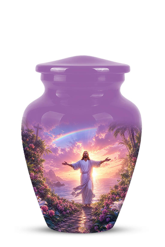 Personalized Jesus Cremation Urn for Ashes Jesus Christ - Rainbow Memorial Urn, Christian Sunset Tribute Urn