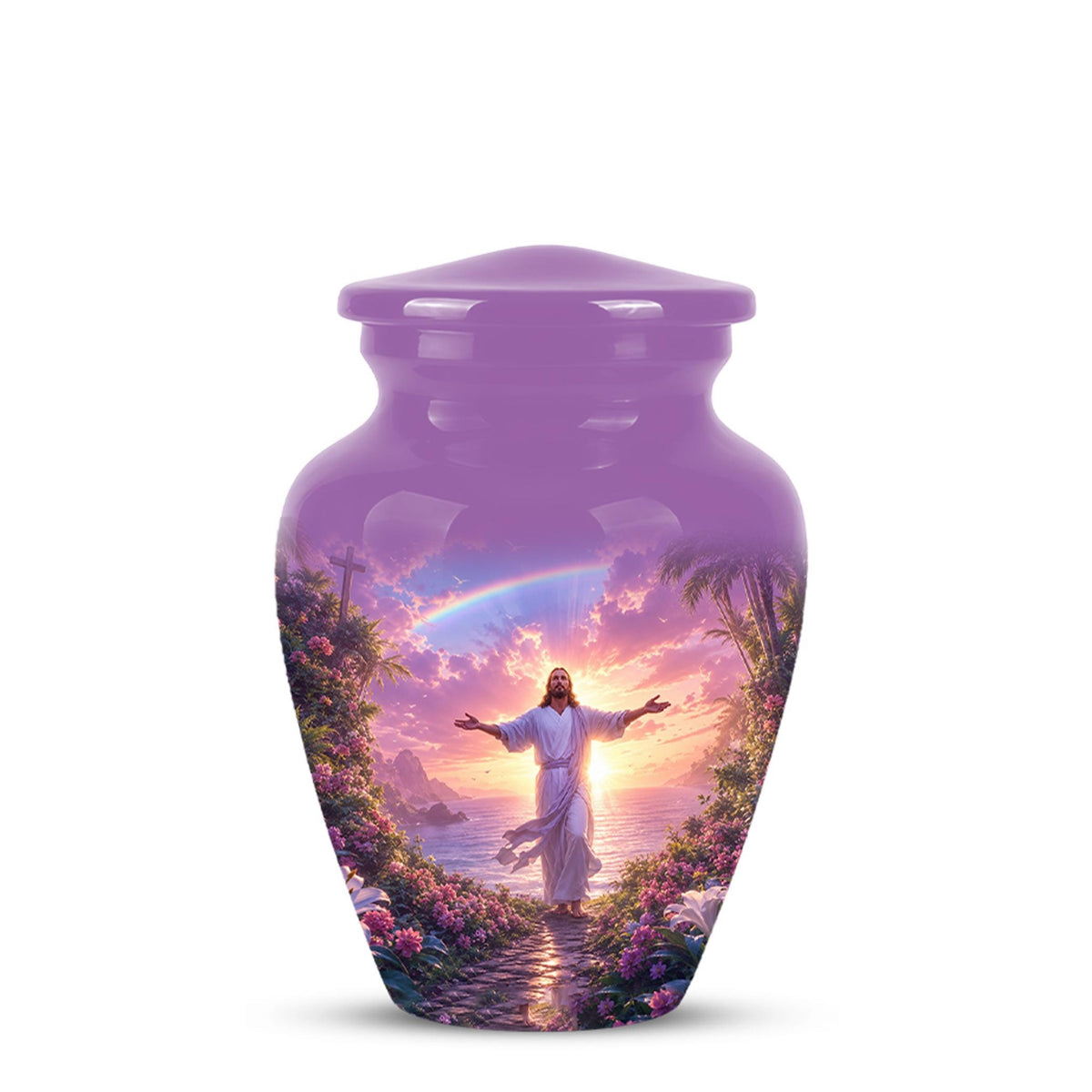 Personalized Jesus Cremation Urn for Ashes Jesus Christ - Rainbow Memorial Urn, Christian Sunset Tribute Urn