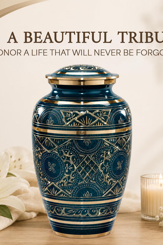 Teal and Gold Brass Cremation Urn for Ashes - Dark Green Ornamental Memorial Urn