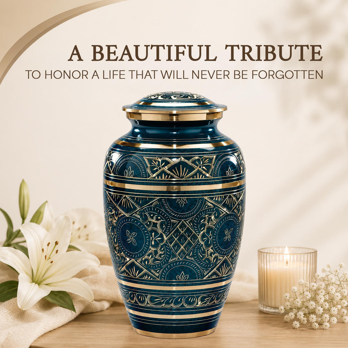 Teal and Gold Brass Cremation Urn for Ashes - Dark Green Ornamental Memorial Urn