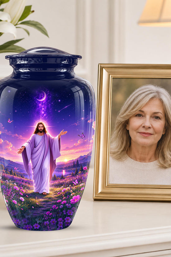 Personalized Jesus Cremation Urn for Ashes, Jesus Christ Purple Floral Memorial Urn, Christian Sunset Tribute, Heavenly Religious Urn (200 Cubic)