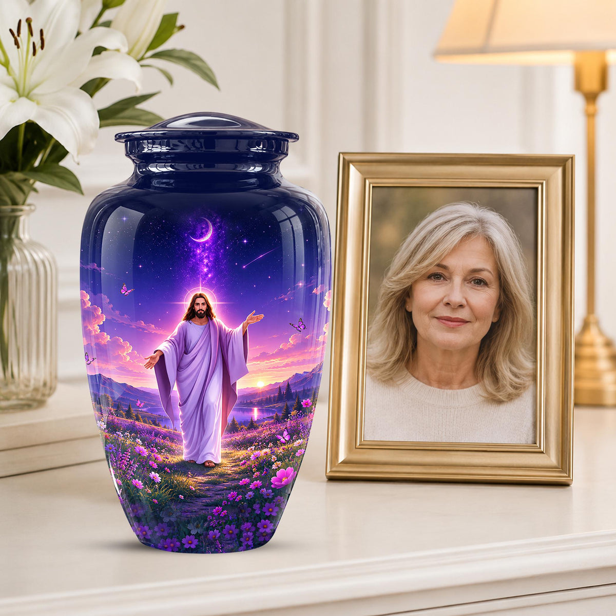 Personalized Jesus Cremation Urn for Ashes, Jesus Christ Purple Floral Memorial Urn, Christian Sunset Tribute, Heavenly Religious Urn (200 Cubic)