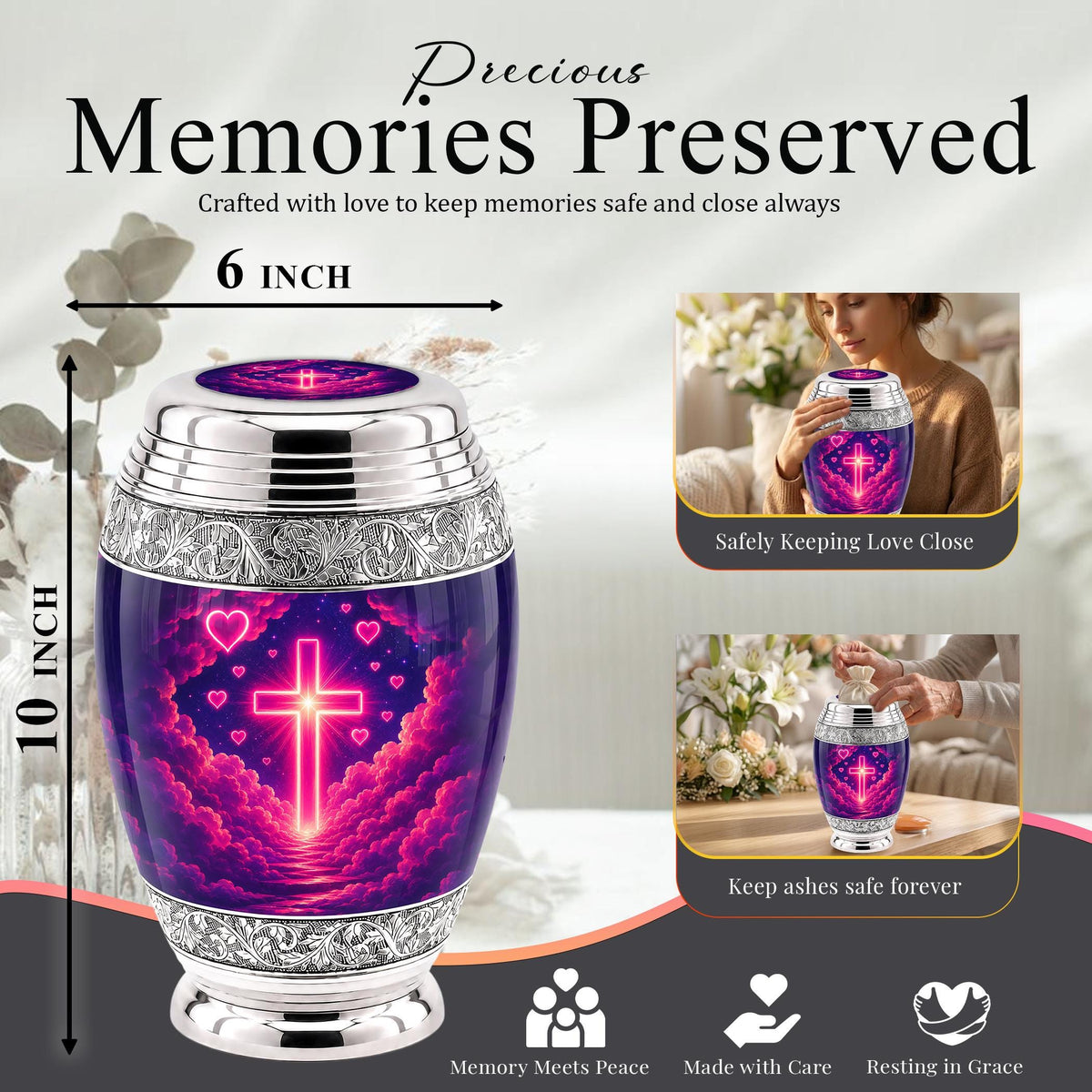 Personalized Christian Cross Cremation Urn, Catholic Memorial Keepsake (200 Cubic Hold)
