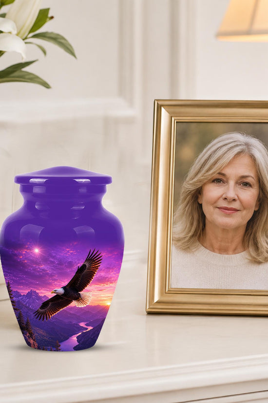 Bald Eagle Cremation Urn for Ashes - Purple Sunset Mountain Memorial Urn