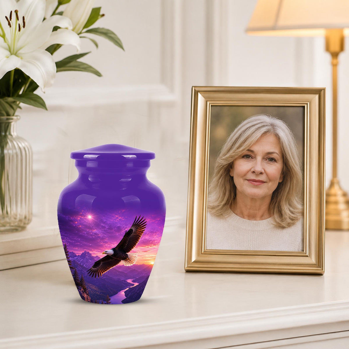 Bald Eagle Cremation Urn for Ashes - Purple Sunset Mountain Memorial Urn
