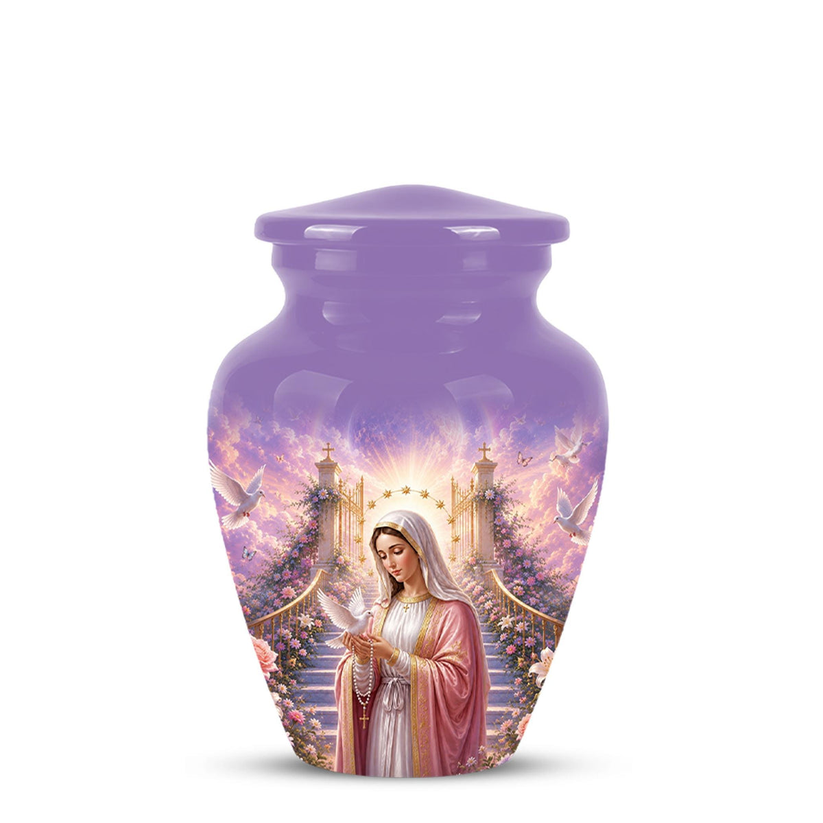 Personalized Virgin Mary Cremation Urn for Ashes - Our Lady of Grace Memorial Urn, Catholic Rosary Tribute