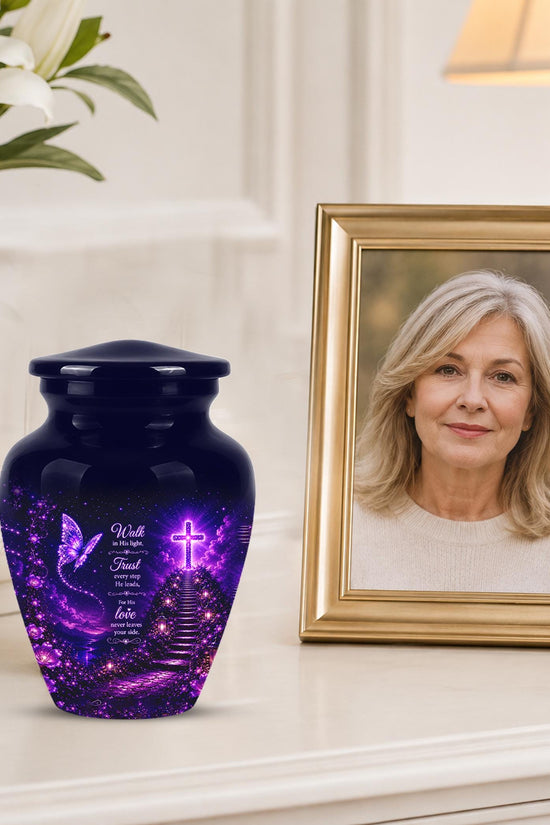 Purple Butterfly Cremation Urn for Ashes - Christian Memorial Urn with Glowing Cross