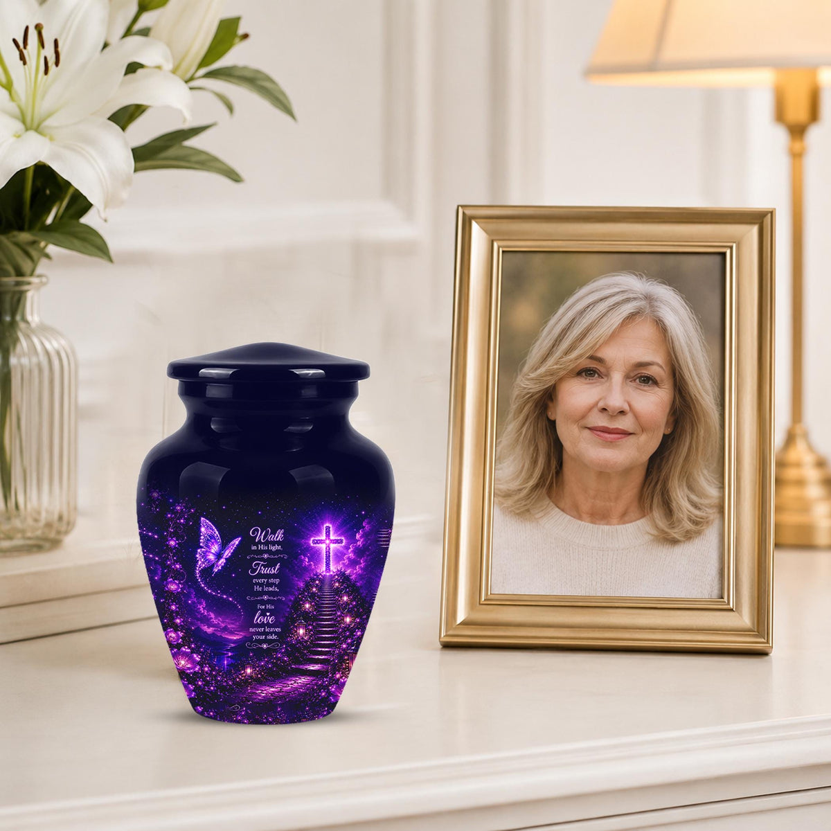 Purple Butterfly Cremation Urn for Ashes - Christian Memorial Urn with Glowing Cross