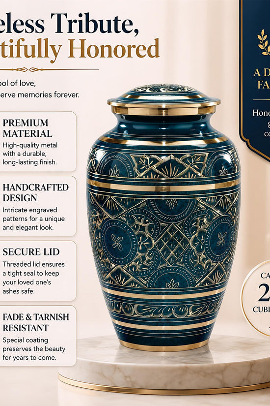 Teal and Gold Brass Cremation Urn for Ashes - Dark Green Ornamental Memorial Urn