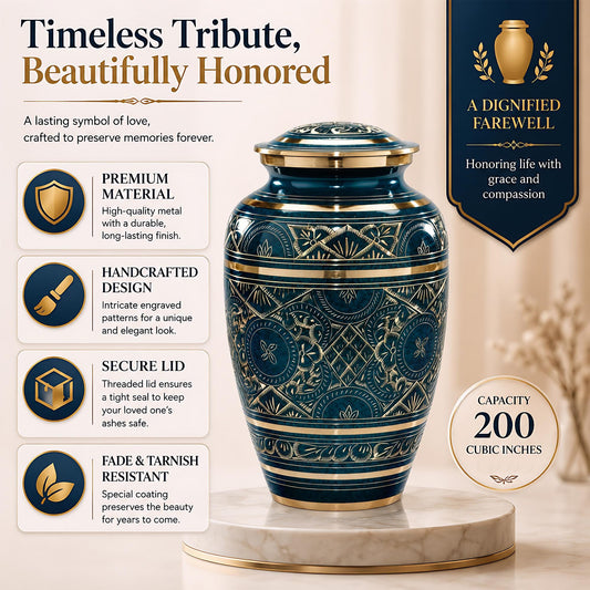 Teal and Gold Brass Cremation Urn for Ashes - Dark Green Ornamental Memorial Urn