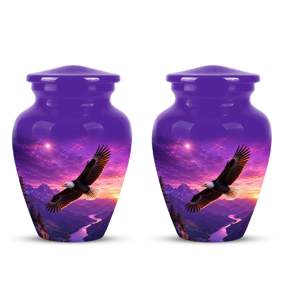Bald Eagle Cremation Urn for Ashes - Purple Sunset Mountain Memorial Urn