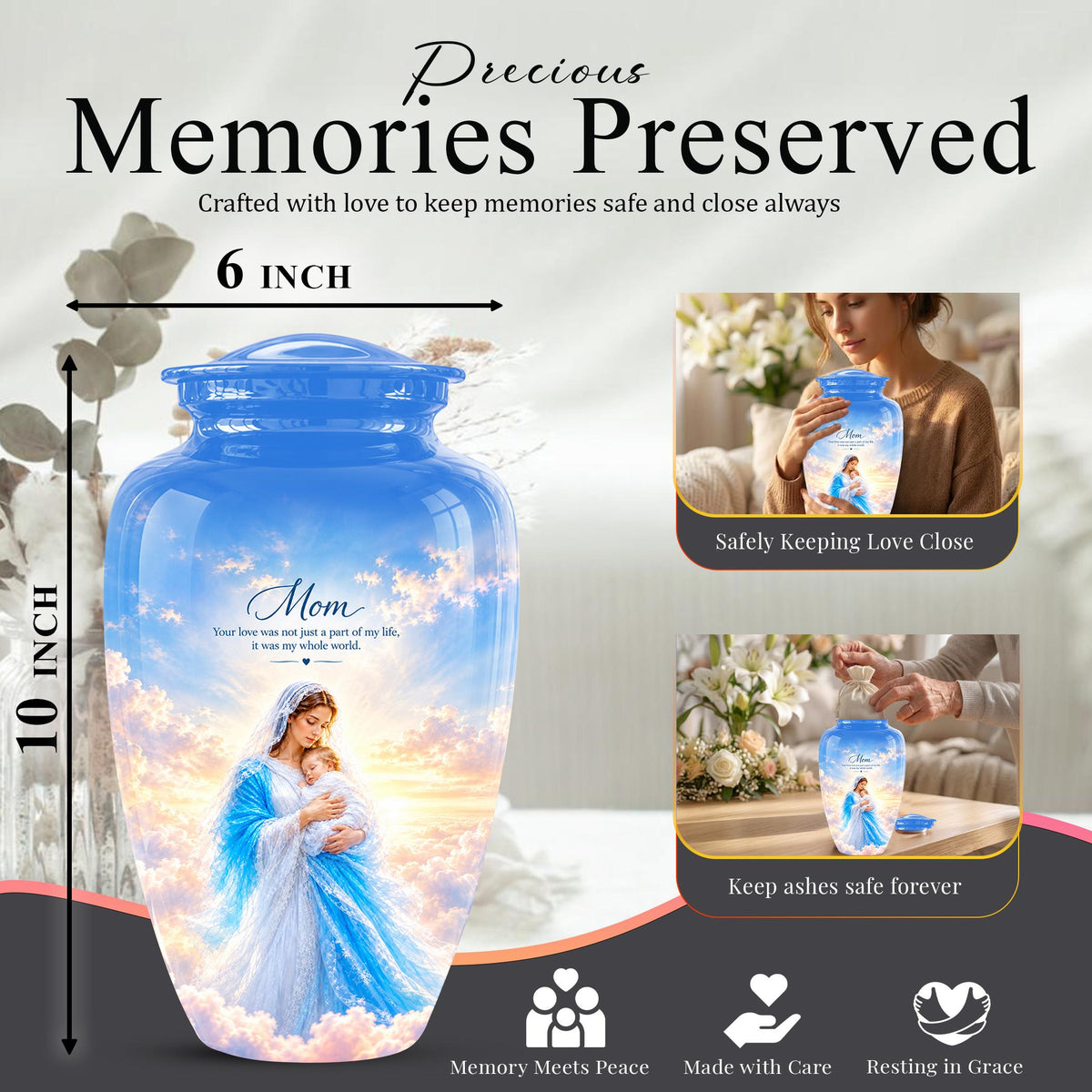 Personalized Mother Mary Cremation Urn, Catholic Memorial Ashes (200 Cubic)