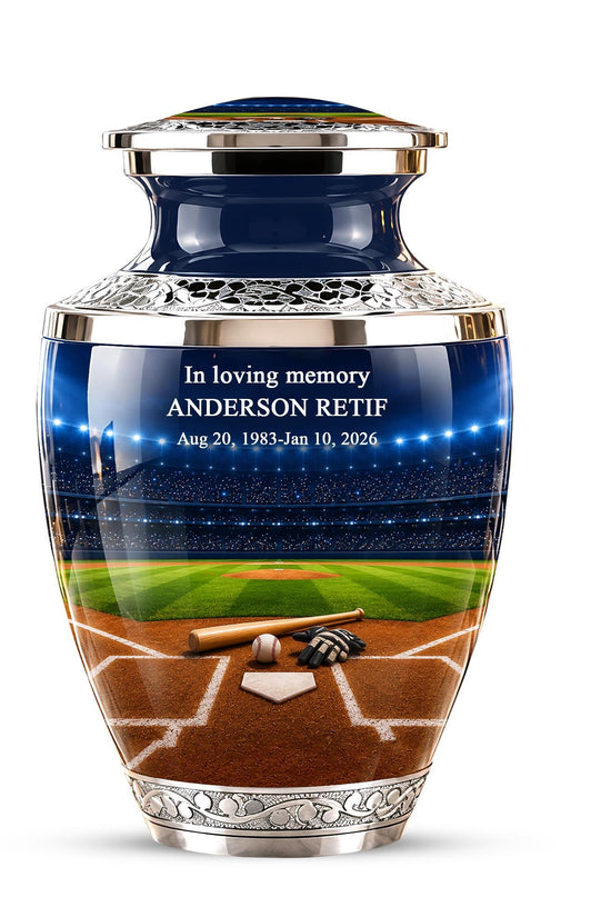 Baseball Cremation Urn for Ashes - Silver Baseball Stadium Memorial Urn