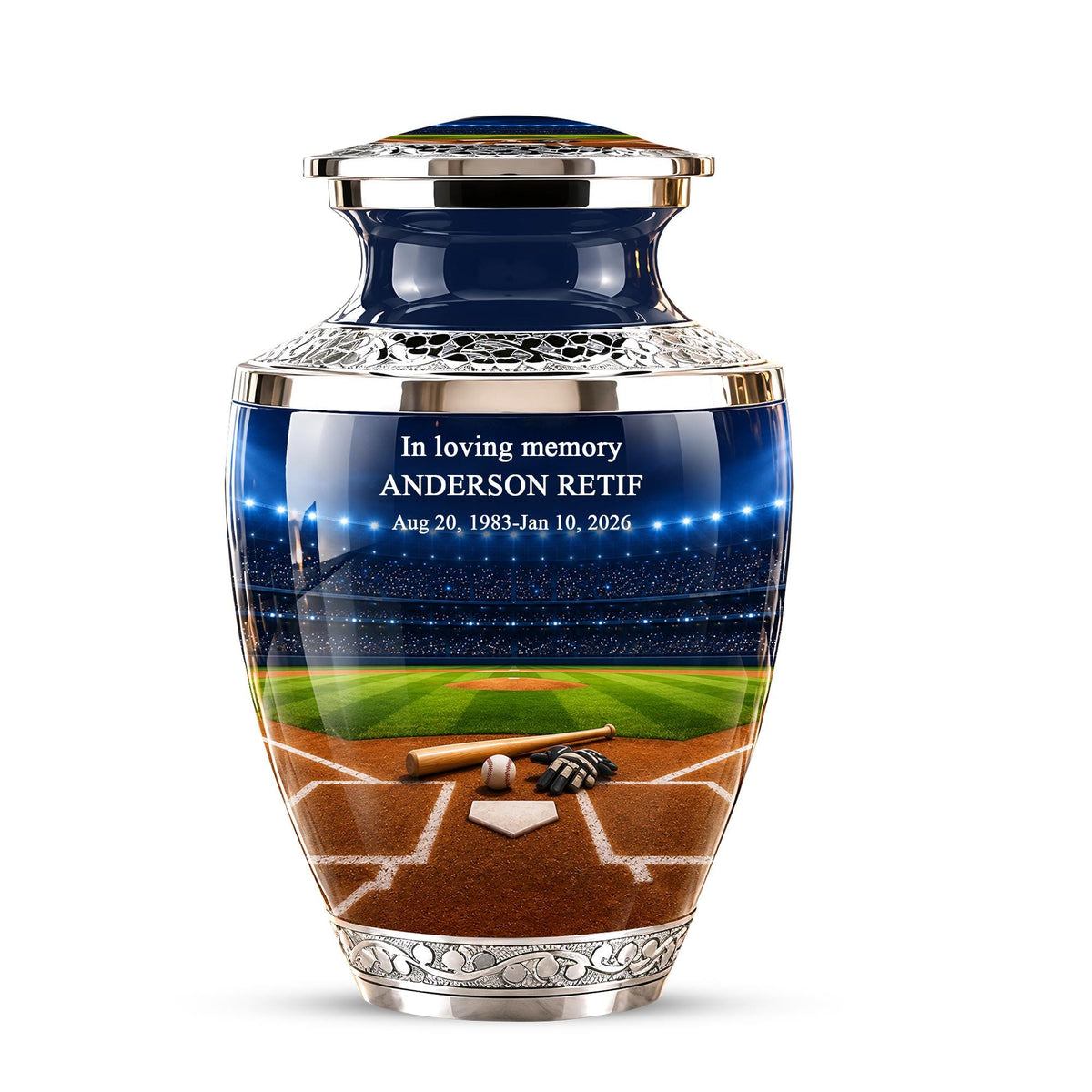 Baseball Cremation Urn for Ashes - Silver Baseball Stadium Memorial Urn