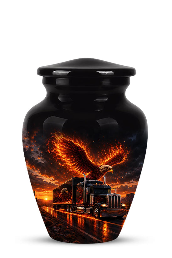 Eagle and Semi Truck Cremation Urn for Ashes - Fiery Bald Eagle Memorial Urn