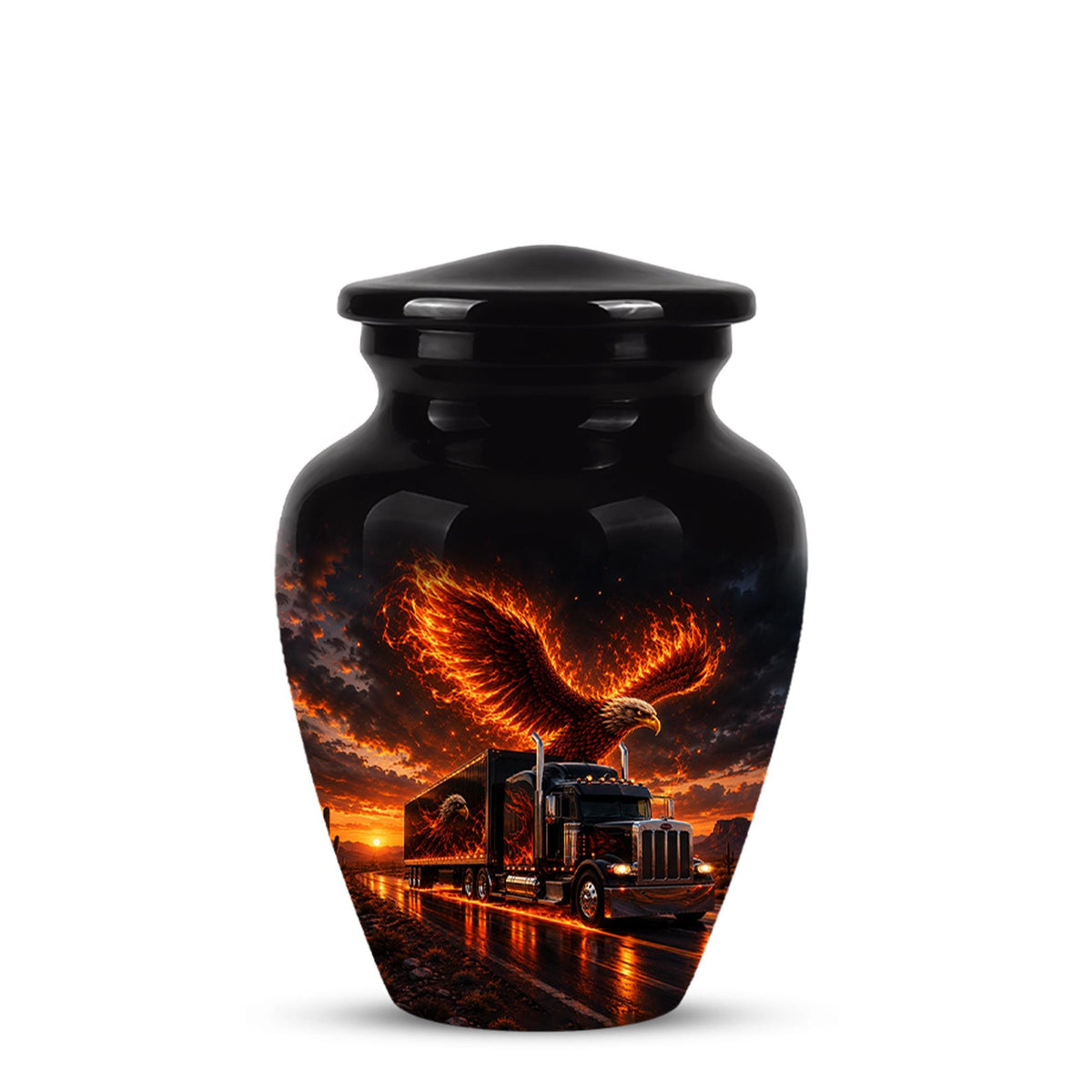 Eagle and Semi Truck Cremation Urn for Ashes - Fiery Bald Eagle Memorial Urn