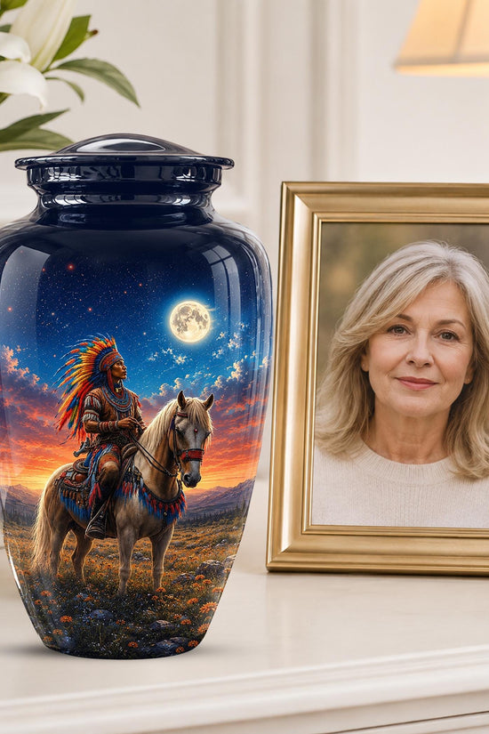 Native American Cremation Urn for Ashes - Western Cowboy Memorial Urn, Horse & Rider Funeral Urn