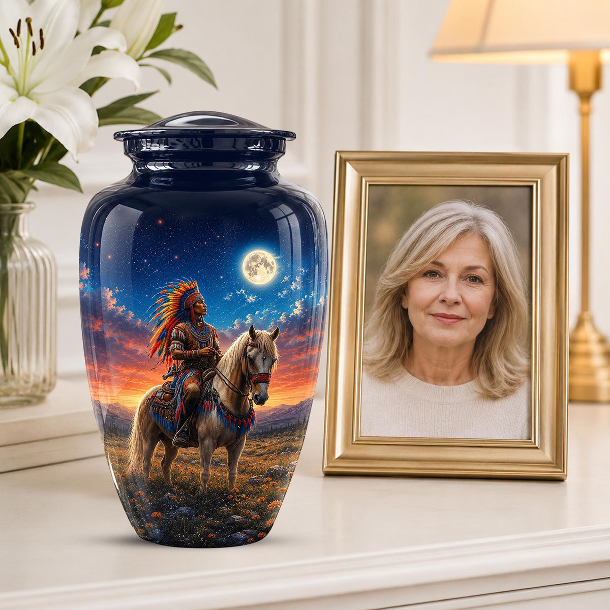 Native American Cremation Urn for Ashes - Western Cowboy Memorial Urn, Horse & Rider Funeral Urn
