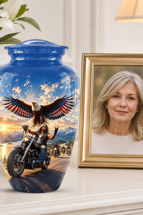 Motorcycle Eagle Cremation Urn for Ashes - Biker Memorial Urn, Blue Sky Sunset Motorcycle Tribute