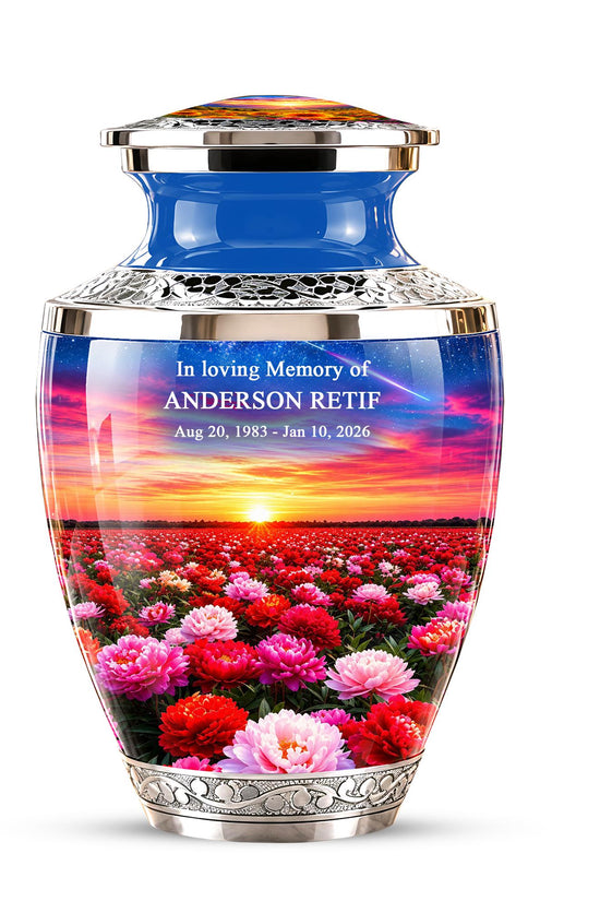 Floral Sunset Cremation Urn, Personalized Memorial Keepsake (Adult)