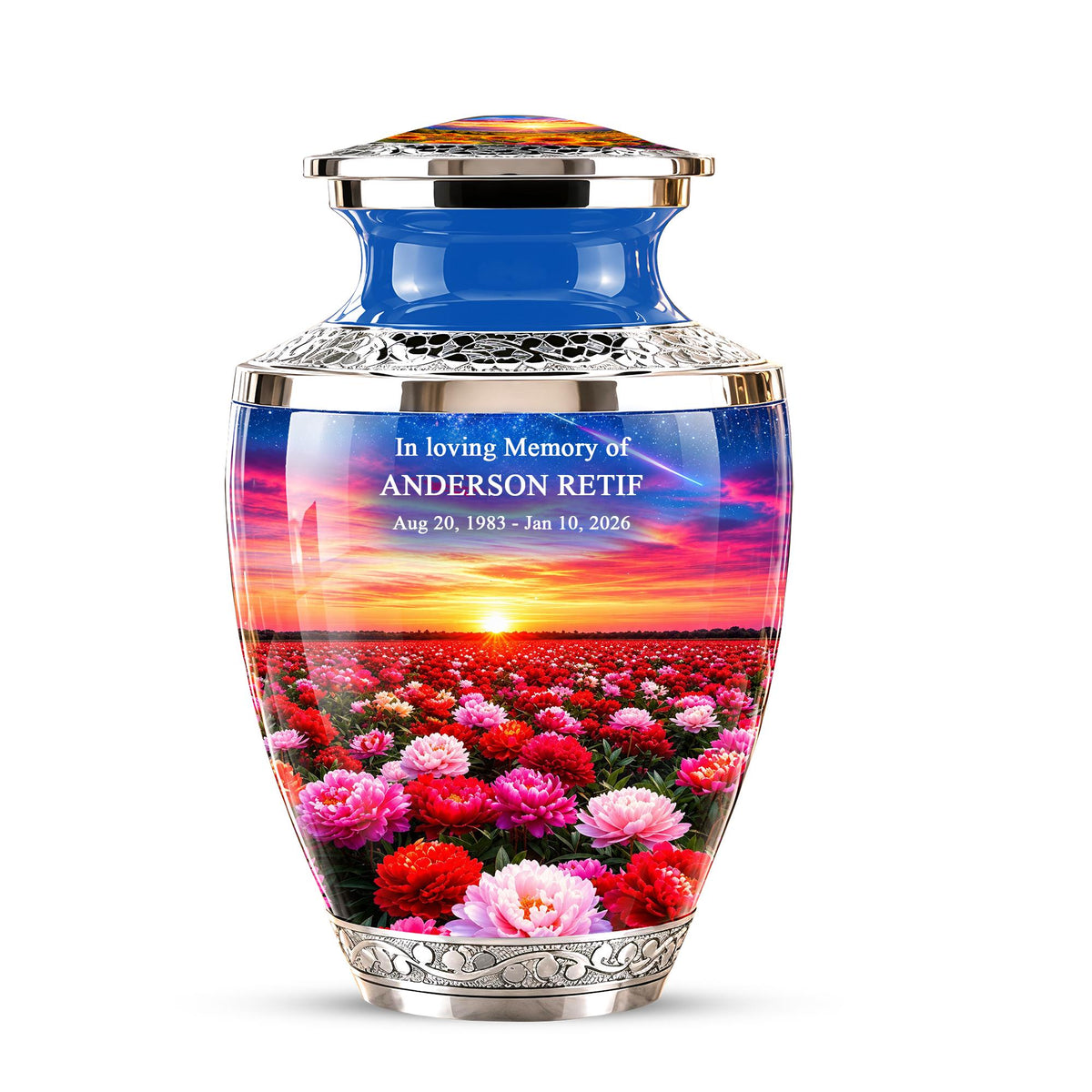 Floral Sunset Cremation Urn, Personalized Memorial Keepsake (Adult)