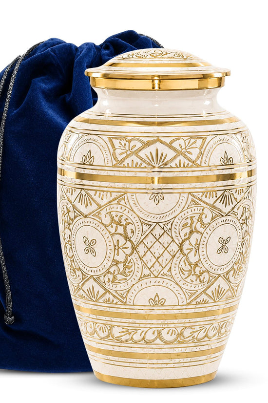 Ivory and Gold Brass Cremation Urn for Ashes - White Ornamental Memorial Urn