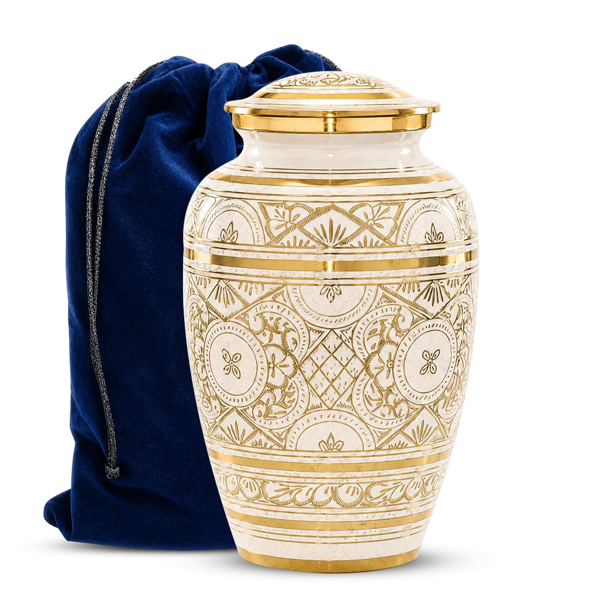 Ivory and Gold Brass Cremation Urn for Ashes - White Ornamental Memorial Urn