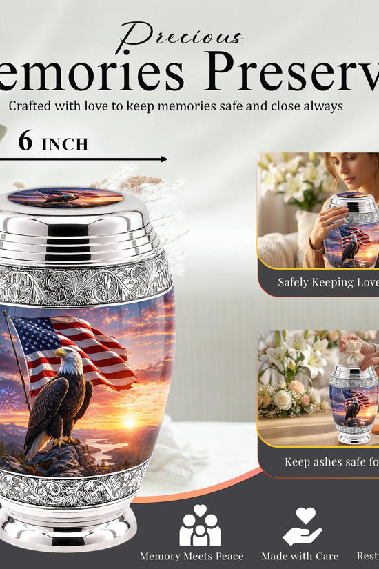 American Flag Eagle Cremation Urn for Ashes - Silver Patriotic Bald Eagle Memorial Urn