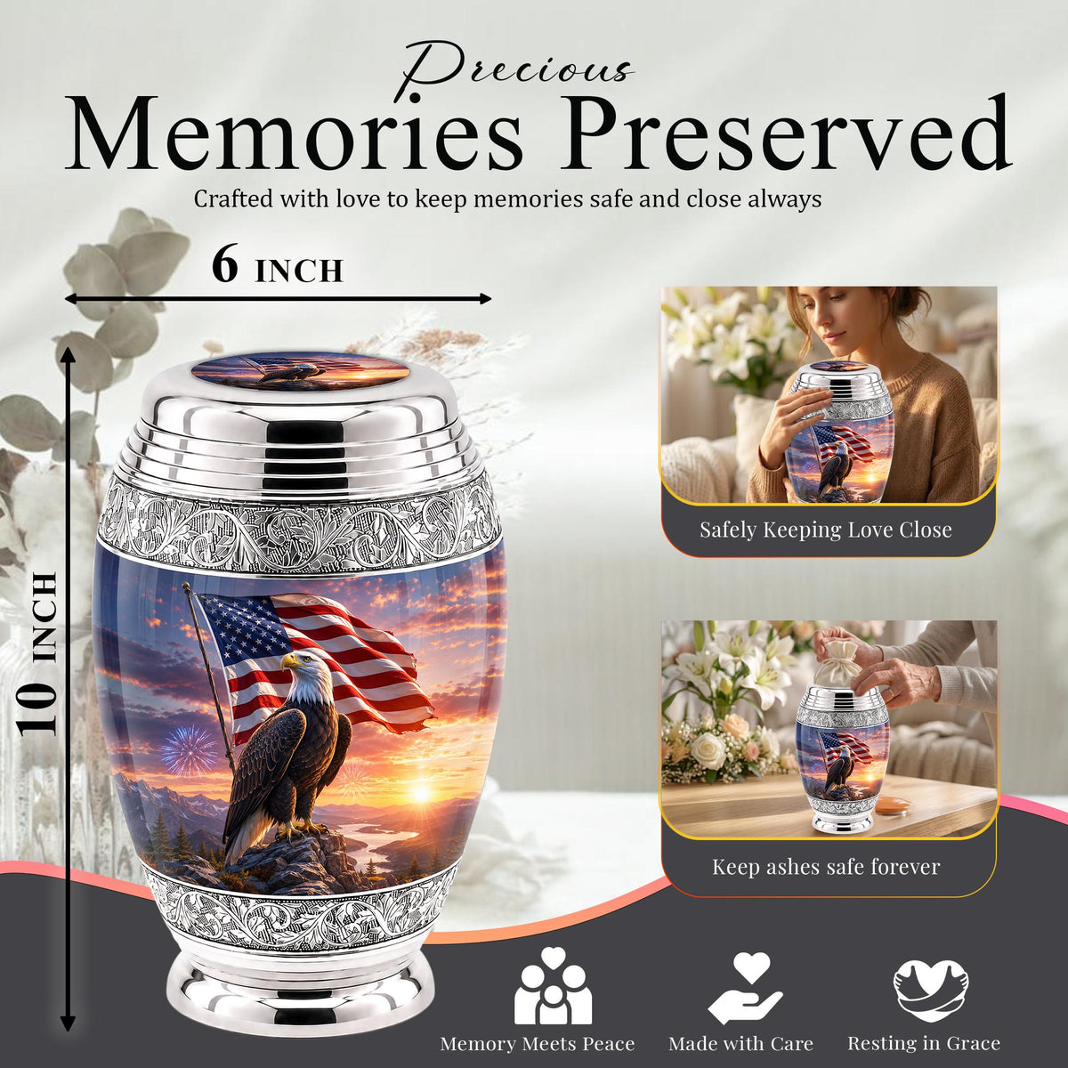 American Flag Eagle Cremation Urn for Ashes - Silver Patriotic Bald Eagle Memorial Urn