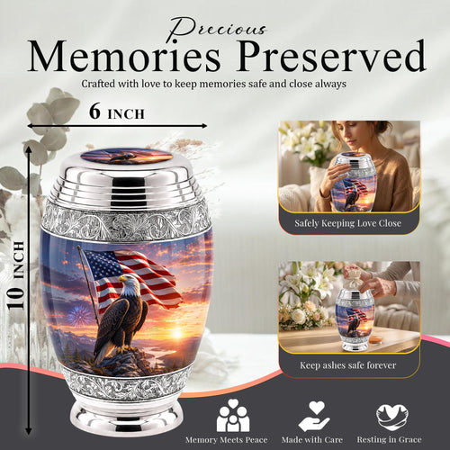 American Flag Eagle Cremation Urn for Ashes - Silver Patriotic Bald Eagle Memorial Urn