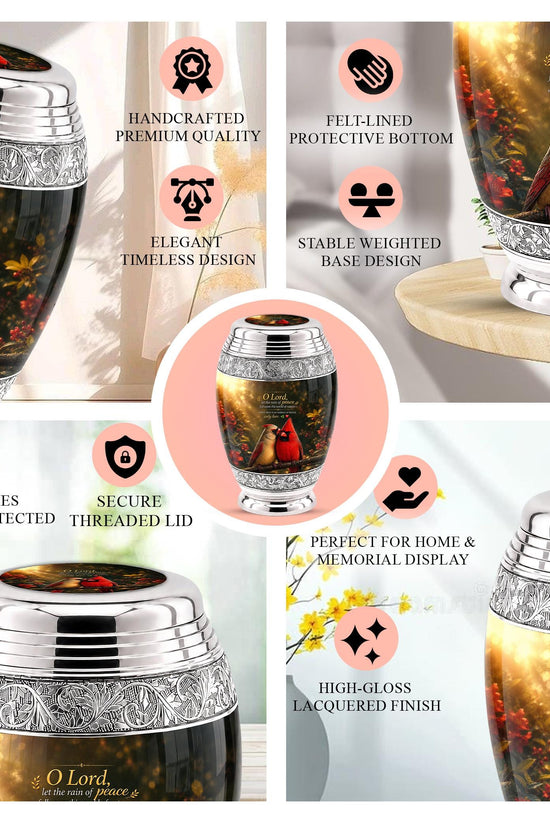Personalized Cardinal Cremation Urn, Silver-Tone Memorial Ashes Urn, Floral Nature Scene