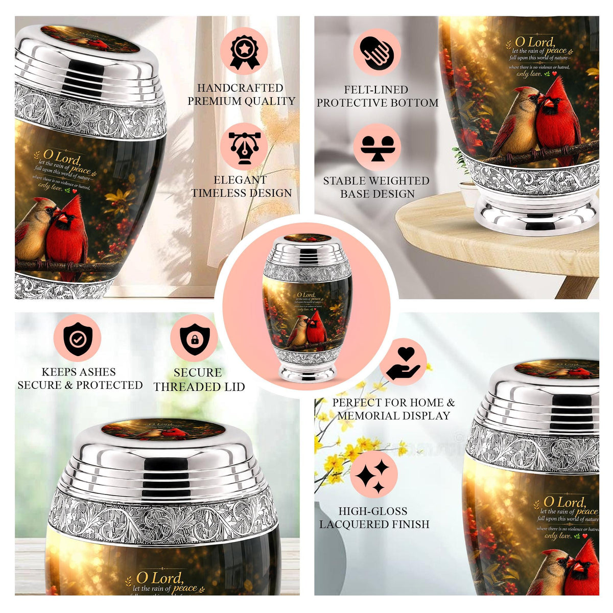 Personalized Cardinal Cremation Urn, Silver-Tone Memorial Ashes Urn, Floral Nature Scene