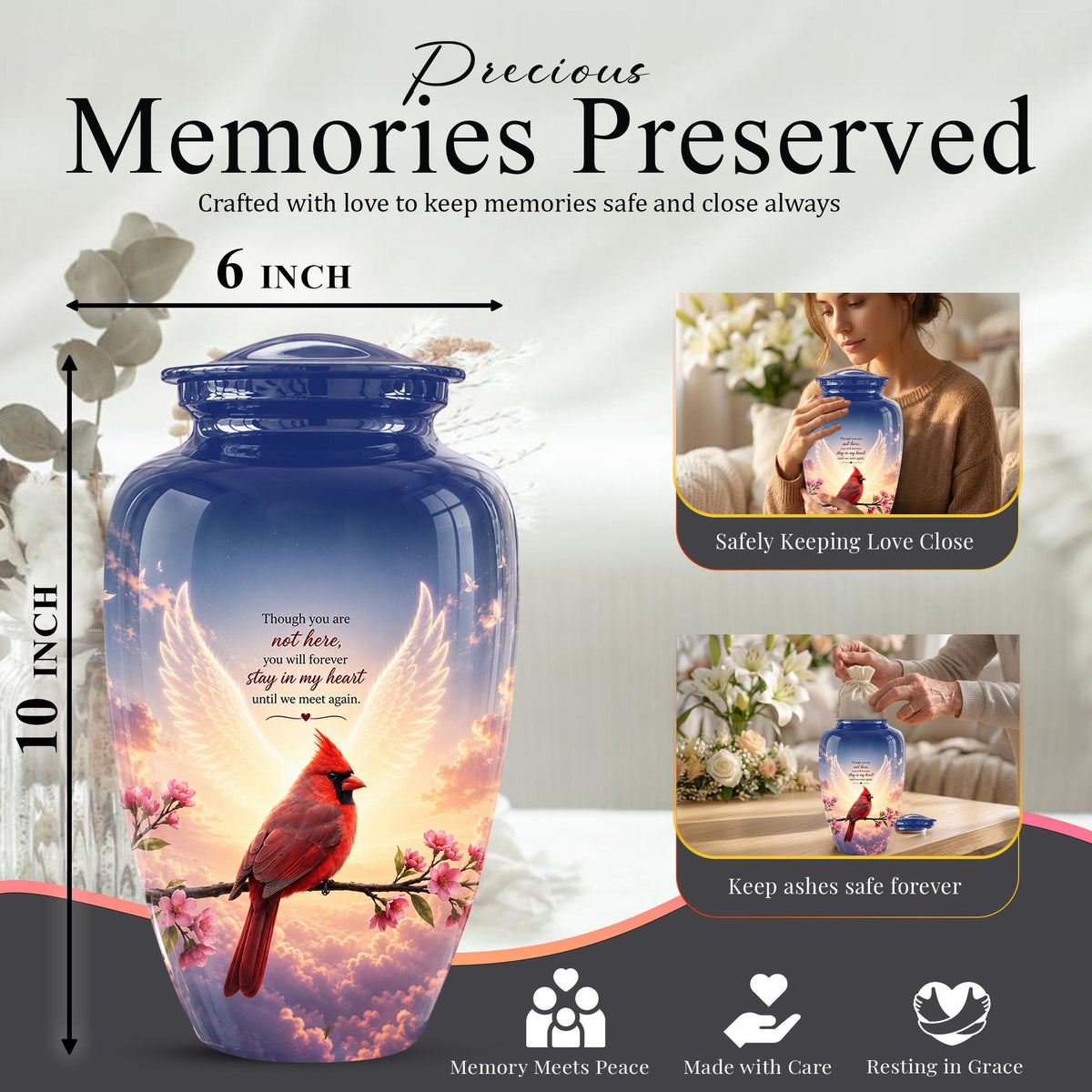 Personalized Cardinal Cremation Urn for Ashes, Red Cardinal Memorial Urn, Angel Wings Bird Tribute Urn - In Loving Memory Memorial (200 Cubic)