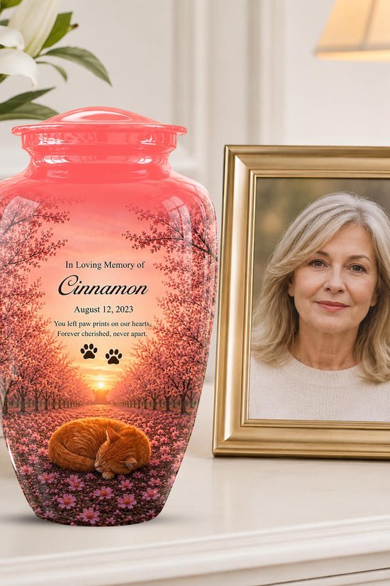 Personalized Pink Cat Memorial Urn, Sleeping Cat Keepsake, Pet Ashes (Custom Name)