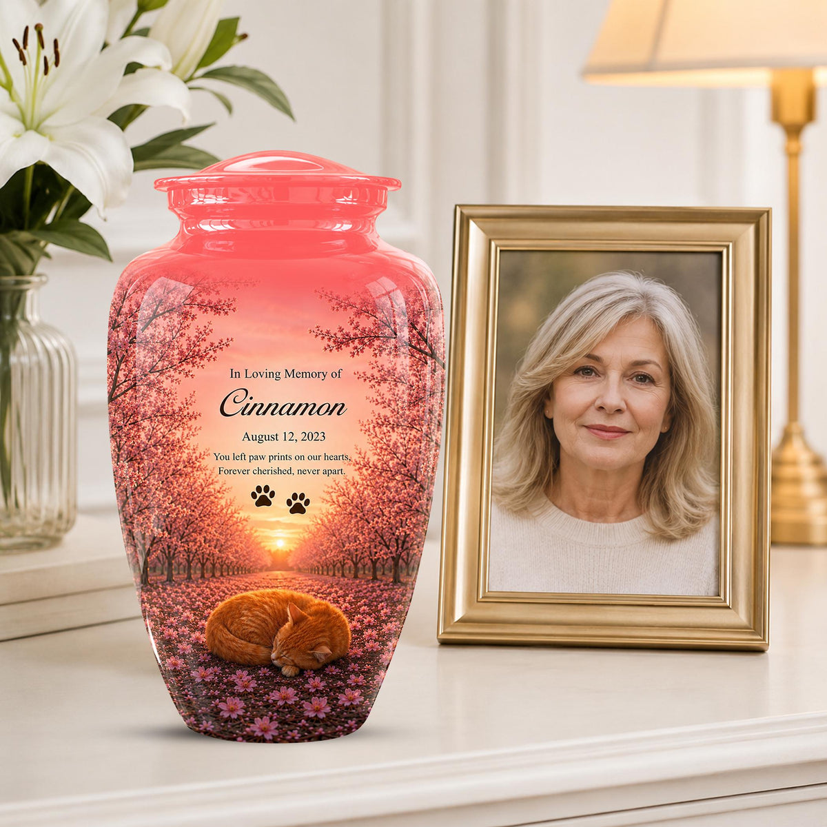 Personalized Pink Cat Memorial Urn, Sleeping Cat Keepsake, Pet Ashes (Custom Name)