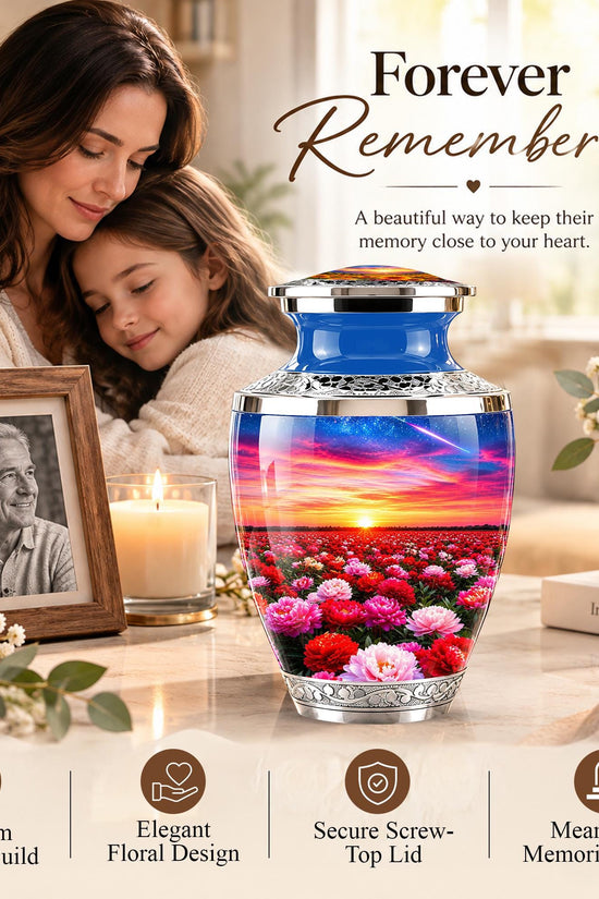 Floral Sunset Cremation Urn, Personalized Memorial Keepsake (Adult)