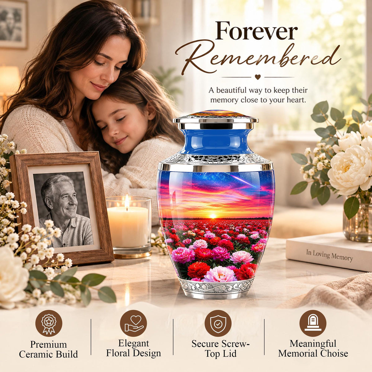 Floral Sunset Cremation Urn, Personalized Memorial Keepsake (Adult)