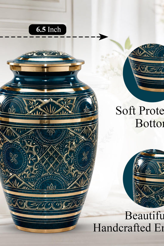 Teal and Gold Brass Cremation Urn for Ashes - Dark Green Ornamental Memorial Urn