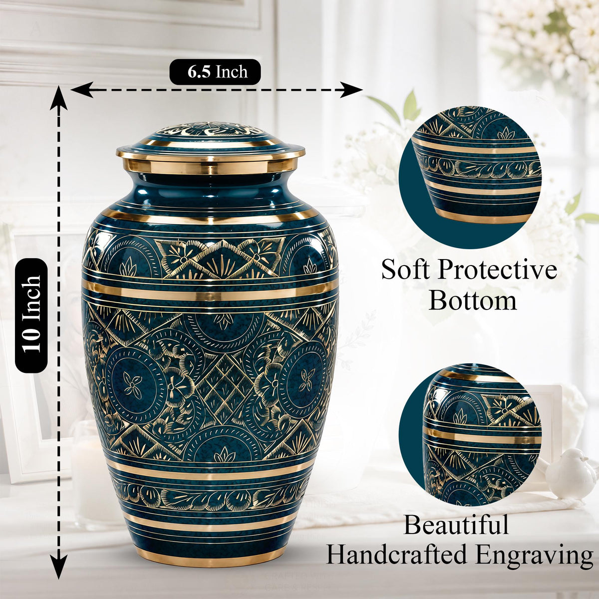 Teal and Gold Brass Cremation Urn for Ashes - Dark Green Ornamental Memorial Urn