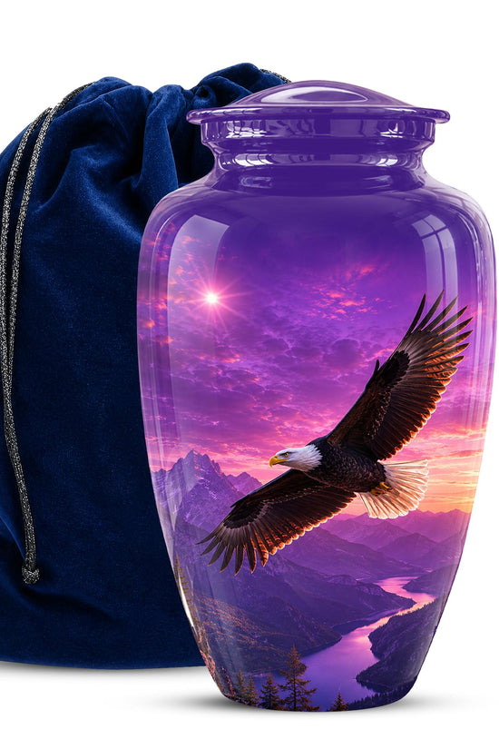 Bald Eagle Cremation Urn for Ashes - Purple Sunset Mountain Memorial Urn