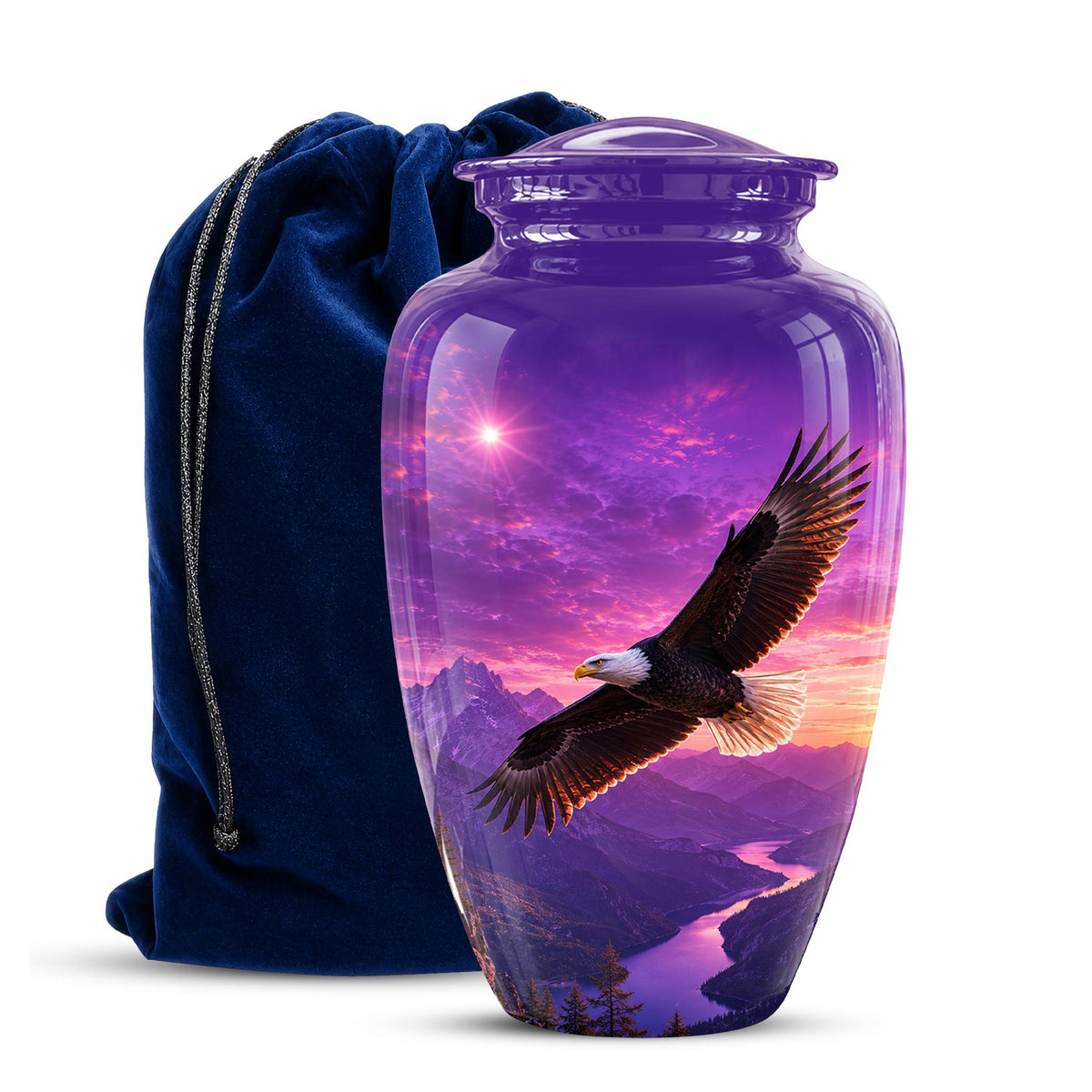 Bald Eagle Cremation Urn for Ashes - Purple Sunset Mountain Memorial Urn