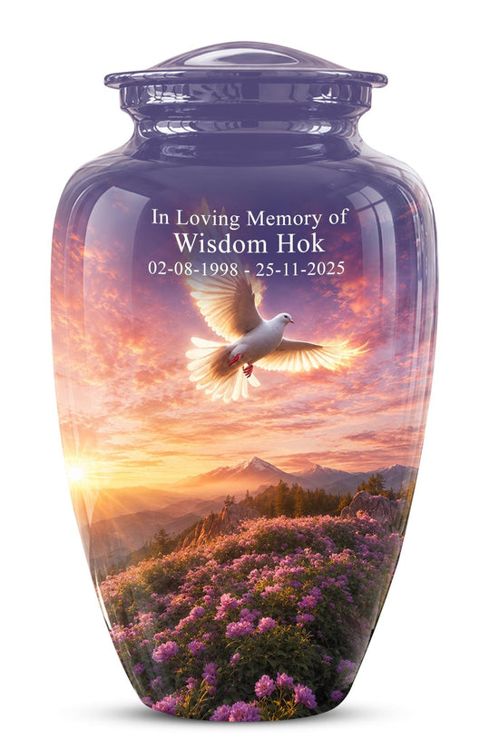 Personalized White Dove Cremation Urn for Ashes - Sunset Dove Memorial Urn, Pink Floral Heavenly
