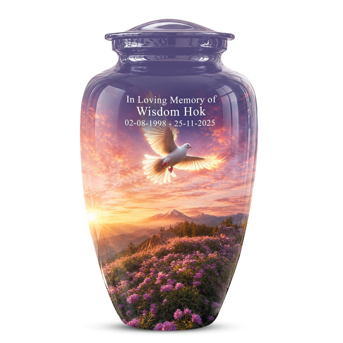 Personalized White Dove Cremation Urn for Ashes - Sunset Dove Memorial Urn, Pink Floral Heavenly