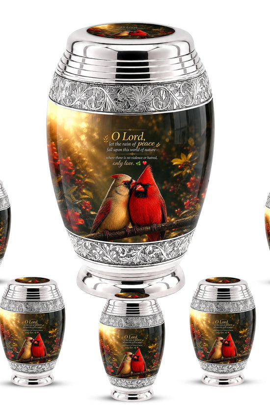 Personalized Cardinal Cremation Urn, Silver-Tone Memorial Ashes Urn, Floral Nature Scene