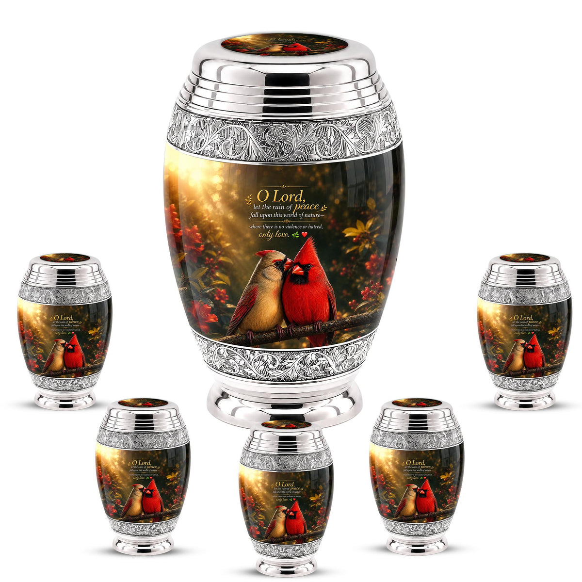 Personalized Cardinal Cremation Urn, Silver-Tone Memorial Ashes Urn, Floral Nature Scene
