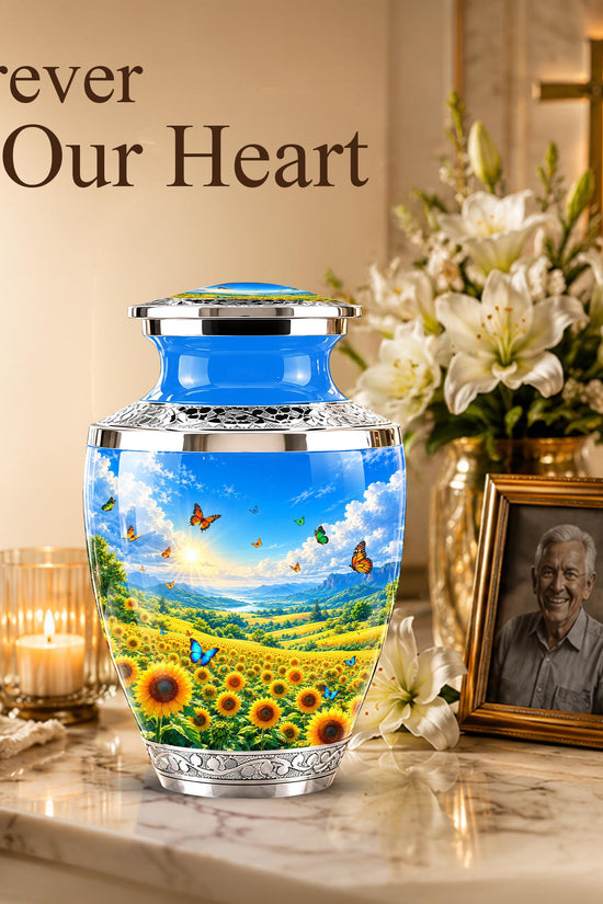 Sunflower Cremation Urn for Ashes - Silver Butterfly Memorial Urn