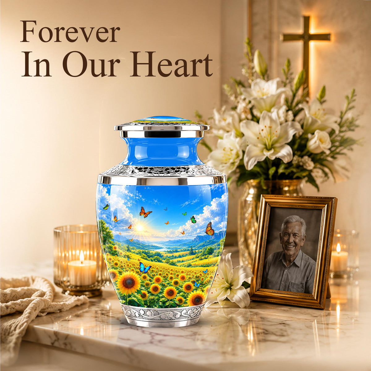 Sunflower Cremation Urn for Ashes - Silver Butterfly Memorial Urn