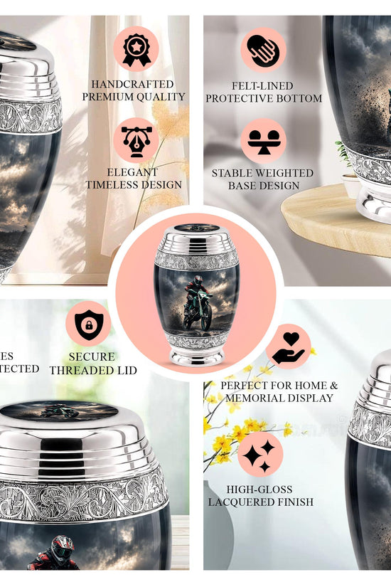Personalized Motocross Rider Cremation Urn, Glossy Black Finish, Memorial Keepsake